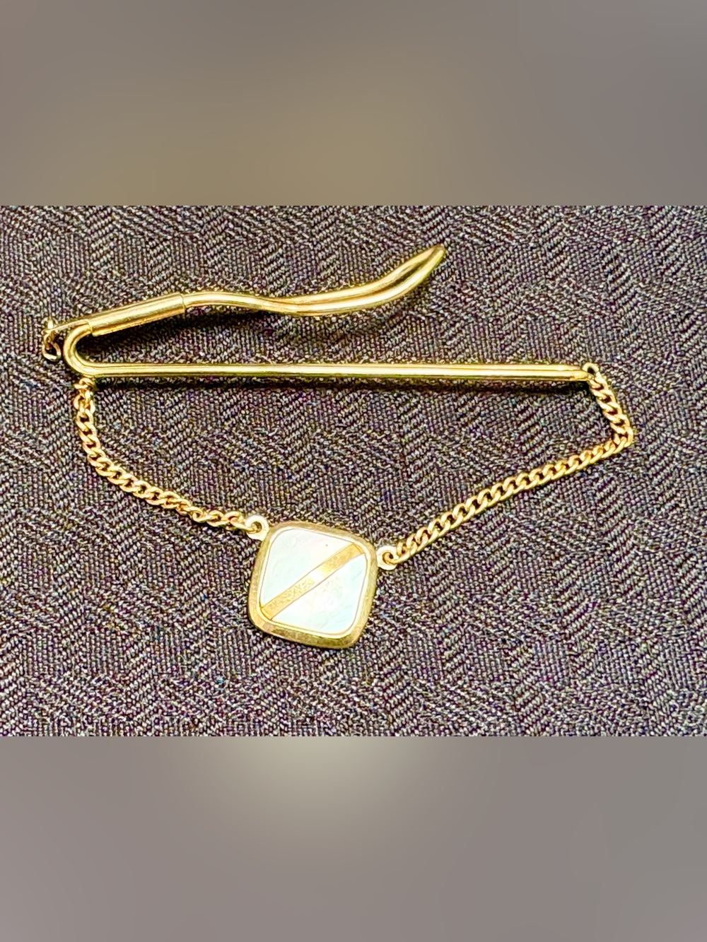 Vintage Gold Tone Tie Bar with Mother-of-Pearl Inlay - Women Jewelry